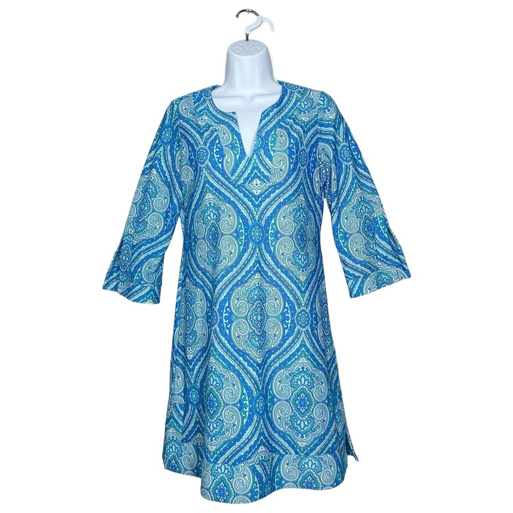 Jude Connally Megan Tunic Shift Dress Blue Medallion Print Preppy 3/4 Sleeve S